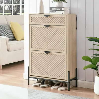 Productafbeelding van Smalle schoenenkast met 2 deuren en een lade, eikenhout, mediumkleur
