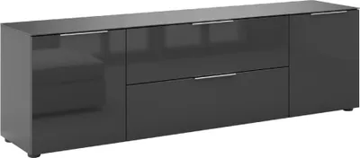 A dark gray, modern lowboard with two drawers and two doors, shown from a slightly elevated front-side angle.