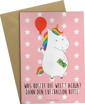 Produktbild von Mr. & Mrs. Panda babykarte Einhorn Luftballon - Rot Pastell - Geschenk, osterkarten, osterkarte, Unicorn, einladungskarten, weihnachtskarten, Grußkarten, Einhörner, Geld