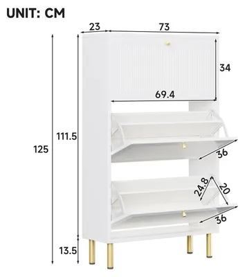 Obrázok produktu pre Úzka skriňa na topánky - 73x23x125 cm - 3 zásuvky s perforovanými dvierkami - 6 priehradiek - úložný priestor na topánky do chodby - biela farba