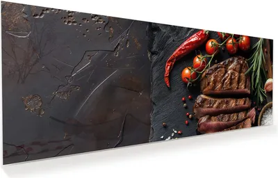Produktbild von Glasbild 125x50cm in XXL für Wohnzimmer, Schlafzimmer Motiv Gegrilltes Steak Teller