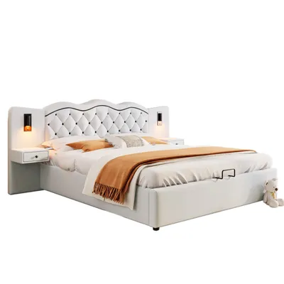 A white upholstered bed with integrated nightstands and LED lighting, set against a white background.