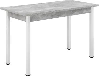 A rectangular table with a concrete-look top and white legs, shown from a slight angle against a white background.