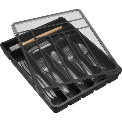 Produktbild von Küchen-Besteckkasten mit Deckel, 7 Fächer, 32,5×30,5×5,5 cm, Kunststoff-Organizer für Messer, Gabeln & Löffel, Schwarz