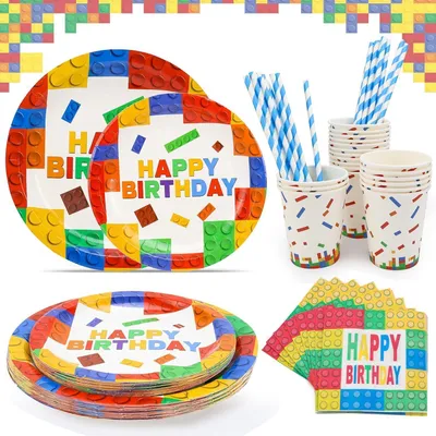 Image de Ensemble de vaisselle pour fête d'anniversaire pour enfants, comprenant 100 pièces pour 20 invités : assiettes en carton, gobelets, serviettes et pailles