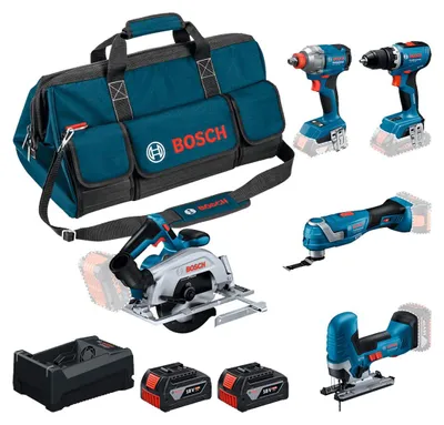 Zdjęcie produktu dla Zestaw BOSCH 18 V (GSR 18V-65 + GDX 18V-285 + GKS 18V-57-2 + GOP 18V-34 + GST 18V-125 S + 2 x 5,0 Ah + GAL 12V/18V-80 + torba)