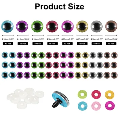 Produktbild von 16mm Flash Sicherheitsaugen, 60 Stš¹ck Puppenaugen Realistische Bunte H?keln Sicherheitsaugen fš¹r Dekor H?keln Zubeh?r Handwerk, 8 Farben