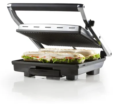 A panini grill with two sandwiches inside, shown on a white background.