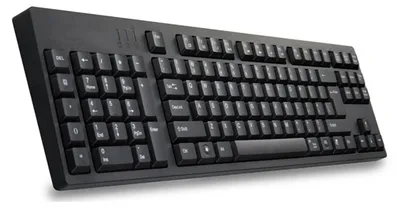 A black keyboard is shown from a slightly elevated side angle against a white background.