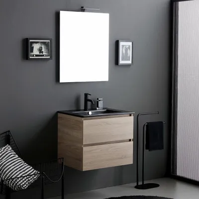 Produktbild von Set- Badmöbel 60 cm mit 2Schubladen, schwarzem Waschbecken + Spiegel und schwarzer Lampe | Berlin