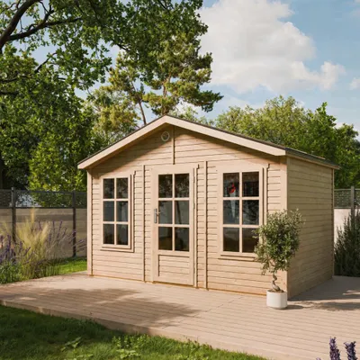 Image de TIMBELA M734 Abri de Jardin en Bois 370 x 240 cm, Cabanon Extérieur avec 2 Fenêtres en Verre Trempé, Porte Vitrée, Bardeaux Bitumés, Grande Cabane sans Plancher