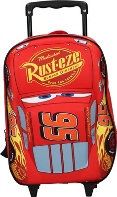A red rolling backpack designed to look like the character Lightning McQueen from the movie Cars.
