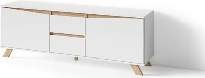 A white TV stand with wooden accents and legs, shown from a three-quarter angle against a white background.
