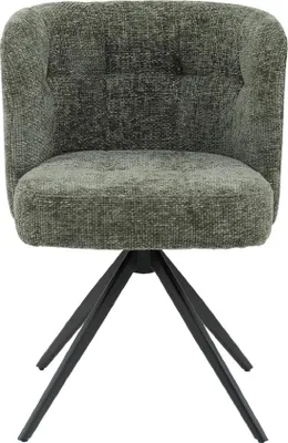 A studio shot of a green upholstered dining chair with black metal legs.