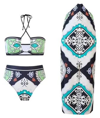 Produktbild von Retro-Bikini-Set mit Sarong-Rock - Blau/Grün