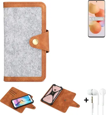Produktbild von K-S-Trade Handyhülle + Kopfhörer kompatibel mit Xiaomi Civi Schutzhülle Filz Hülle Kunstleder hellgrau braun (1x)