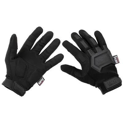 A pair of black tactical gloves shown from a top-down perspective against a white background.