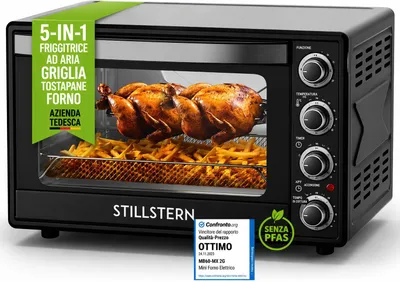 Immagine prodotto di Stillstern Mini Forno Elettrico Ventilato 60L – Pizza Ø40 cm, Girarrosto, 2200W, Timer 120 min, Antiaderente CYCLONE PRO+, Modello MB60-MX 2G
