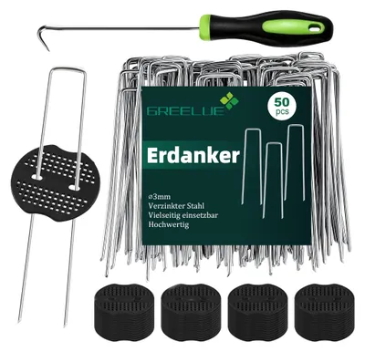 Produktbild von GREELUE Erdanker Bodenanker, 50 Stück 150x25mm Ø3mm, Mit Pufferscheiben, Anti Rost Verzinkter Stahl - Für Unkrautvlies, Garten, Gartenvlies & Zaun (50)