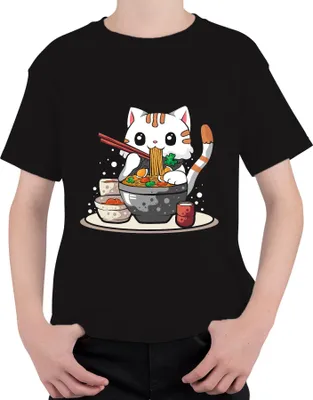Produktbild von Kawaii Neko Katze Ramen Nudel Suppe Japan Anime Manga süß Cartoon Uni Kinder T-Shirt, Schwarz, 140