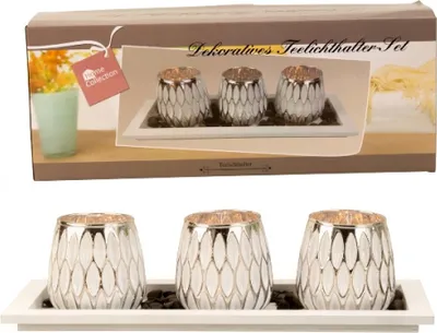 Produktbild von Teelichthalter-Set 3 Gläser silber/weiß mit Platte