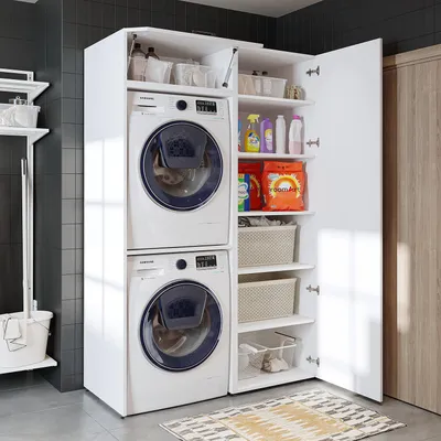 Immagine prodotto di Roomart DUO Mobile per lavatrice con asciugatrice sopra la lavatrice • Larghezza 127 cm • Bianco, rovere Mobile per lavatrice