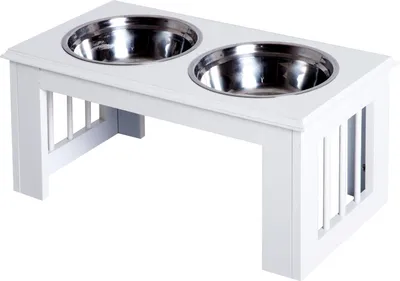 Zdjęcie produktu dla Podniesiona Miska Dla Psa Z Miskami Ze Stali Nierdzewnej, Mdf, Antypoślizgowa, Łatwa W Pielęgnacji, Biała, 58,4 X 30,5 X 25,4 Cm