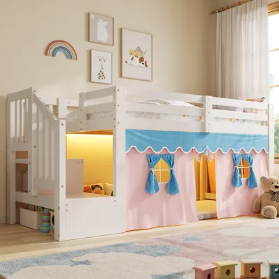 Immagine prodotto di Letto a metà altezza Merax 90x200 cm, letto a castello con tende, illuminazione LED, scaffale a scala, area giochi, letto a castello per bambini in legno di pino, bianco