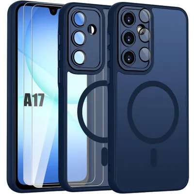 Image de Coque + 2 Verres Trempés pour Samsung Galaxy A17 4G/5G, avec Cercle Magnétique Vitre Caméra - Bleu Marine