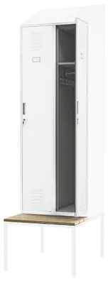Produktbild von Umkleideschrank Spind mit Sitzbank KACPER 2 Abteile Etikettenhalter Lüftungsschlitze | Umkleidespind Metall Schließfachschrank Kleiderspind 229,5x60x85cm Weiß