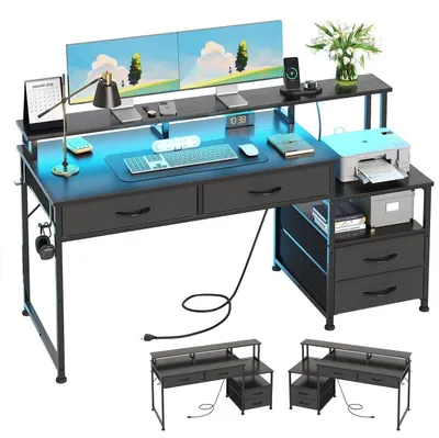 Image de Bureau d'ordinateur avec 4 tiroirs, prises intégrées, support pour écran et éclairage LED, dimensions 140 x 48 cm, couleur noire