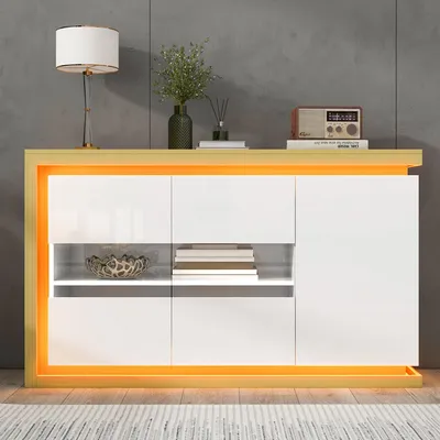 Produktbild von MODFU Sideboard Aufbewahrungsschrankmit Glastüren Hochglanz und 4 Fächern multifunktionaler Wohnzimmerschrank mit LED-Lichtleiste für Flure und Wohnzimmer Weiß