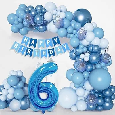 Zdjęcie produktu dla Balony urodzinowe niebieskie dla chłopca 6 lat zestaw dekoracji 80 szt.