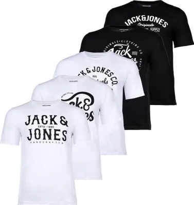 Produktbild von JACK&JONES Herren T-Shirt, 5er Pack - JJLEOGRA TEE CREW NECK, Kurzarm, Rundhals, Baumwolle, Logo-Print Weiß/Schwarz XL
