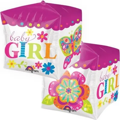 Produktbild von Anagram Folienballon Baby Girl Cubez 3D quadratisch 38x40 cm Schmetterling pink weiß dots bunt