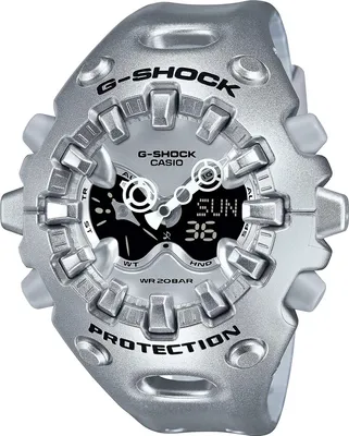 A close-up studio shot of a silver G-Shock watch against a white background.