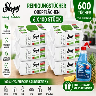Zdjęcie produktu dla Chusteczki do czyszczenia powierzchni Sleepy Easy Clean – 6 x 100 sztuk o zapachu ananasa + środek do czyszczenia szyb GRATIS
