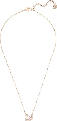 A rose gold necklace with a swan pendant.