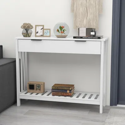Obrázok produktu pre Úzka konzolový stolík, biela farba, drevo, rozmer 30 x 100 x 75,5 cm, s 2 zásuvkami a odkladacími priehradkami