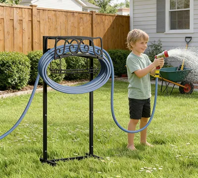 Produktbild von Gartenschlauchhalter, 45 Meter, Metall, mit abnehmbarem Korb, für den Garten