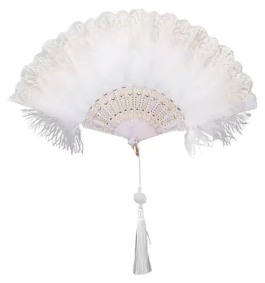 Produktbild von Vintage-Faltfächer aus Federspitze mit Quasten, tragbarer Sommerfächer, Dekoration, Requisite für Tanzaufführungen, Party-Kostümzubehör