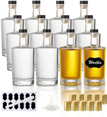 Productafbeelding van 12 stuks glazen flessen van 100 ml om te vullen, kleine borrelflessen met kurk, krimpdop, trechter, etiketten, lege likeurflessen, perfect voor likeuren, verkopers en sappen
