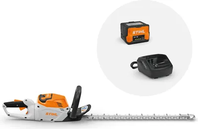 A cordless hedge trimmer with its battery and charger shown in a circular inset.