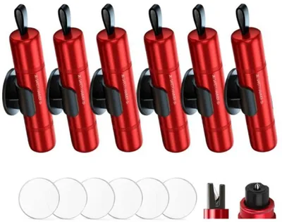 Produktbild von 6 Stück Auto Sicherheitshammer - Notfallgerät zum Glasbrechen - Multifunktions - Inkl. Testglas & selbstklebender Halterung - rot