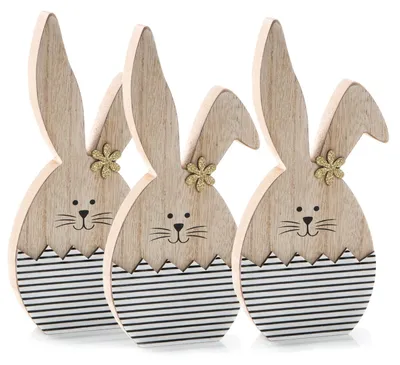 Produktbild von 3 Hasen Figuren aus Holz natur schwarz-weiß gestreift - Deko Ostern 14 cm