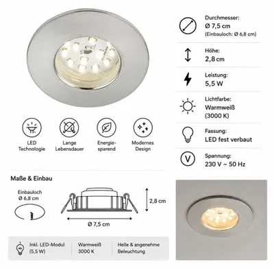 Produktbild von Briloner LED Einbauleuchte Chrom 5,5W 470lm 3000K Dimmbar IP44 Ø75mm 7203-019