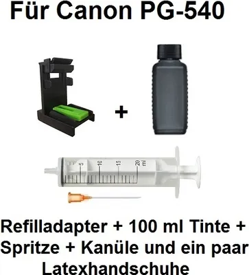 A collection of items for refilling printer ink cartridges, including a refill adapter, a bottle of ink, a syringe, and a needle.