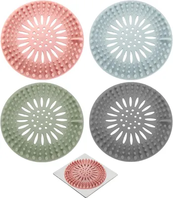 Produktbild von 4 Silikon-Abflusssiebe für Dusche, Badewanne und Spüle | Flexible Haarfänger für Bad und Küche