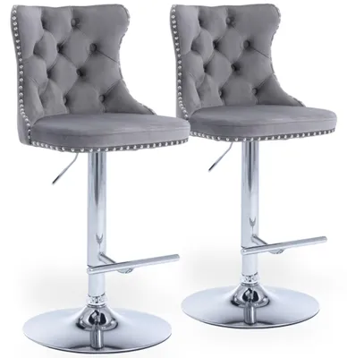 Produktbild von Samt-Barhocker 2er Set, höhenverstellbar 63–84 cm, 360° drehbar, mit Lehne, Fußstütze und Tellerfuß, Grau