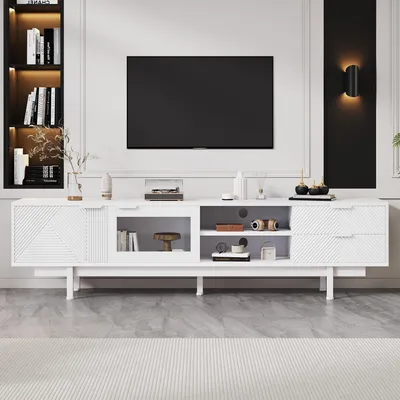 Productafbeelding van okwish Moderne TV-kast met 2 deuren en 2 lades, televisie meubel met veel opbergruimte voor een 80-inch TV, wit
